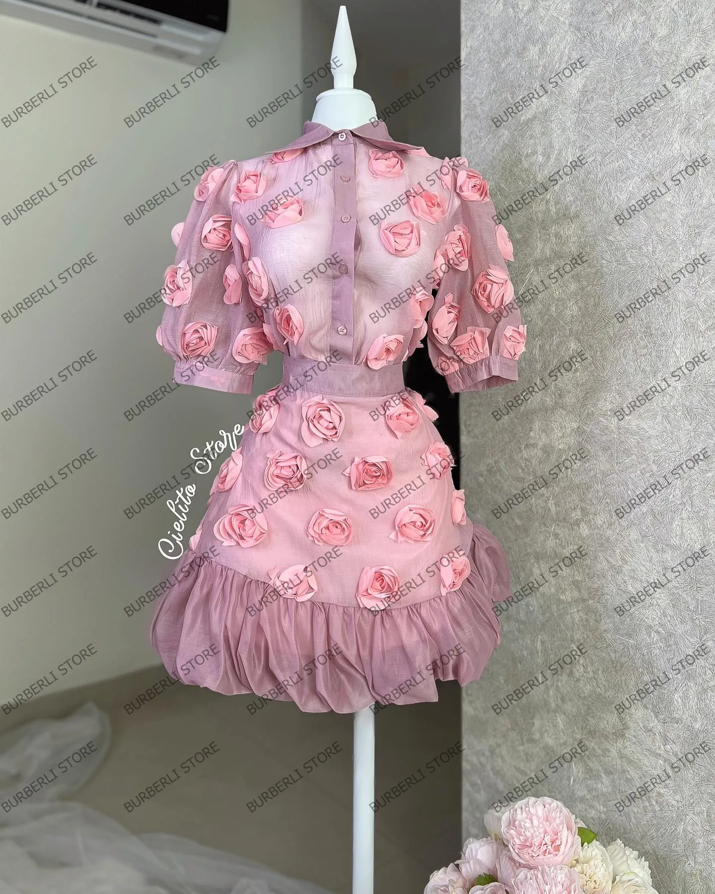 Chic 3D Flowers Mesh Women Dresses Pretty Half Sleeves Ruffles Mini Cocktail Party Dress Custom made Short Girls Brithday Gowns