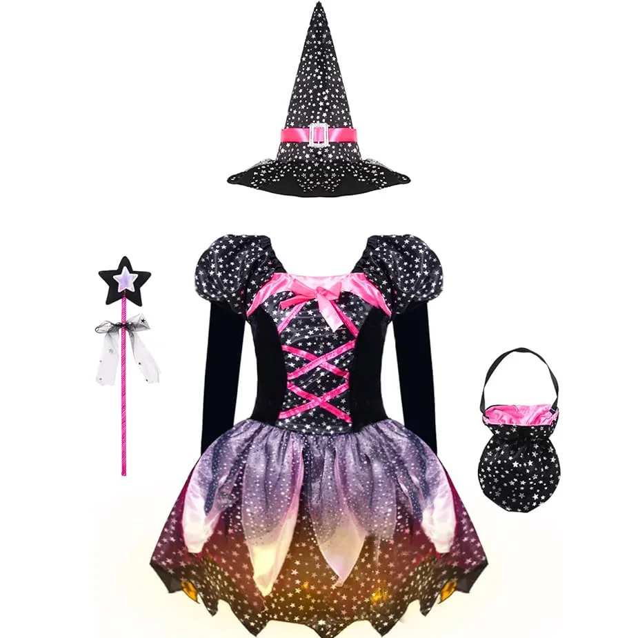 Kinder Mädchen Hexen-Cosplay-Kostüm Komplettes Zubehör-Set Sternenmuster-Kleid Hut Zauberstab für Halloween-Themenparty Aufführung – Detail 3