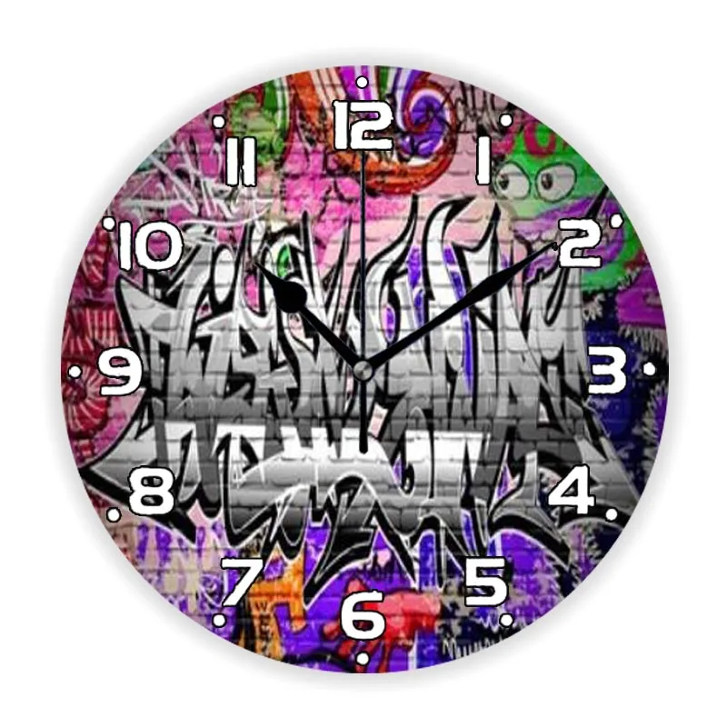 Cool Hip Hop Street Art Rap Graffiti Wall Clock for Living Room Bedroom Grunge Spray Paint Big Round Wall Watch Home Decor Gift