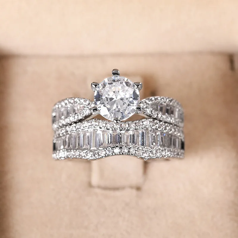 Luxury 2pcs Halo Bride Wedding Rings Set for Women Engagement Couples 925 Sterling Silver Clearance Sale Gift