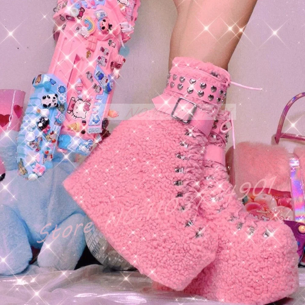 Sherpa Faux Fur Heart Studded Platform Boots Women Wedge Heels Warm Winter Boots Sweet Gothic Side Zip Buckle Strap Lace Up Shoe