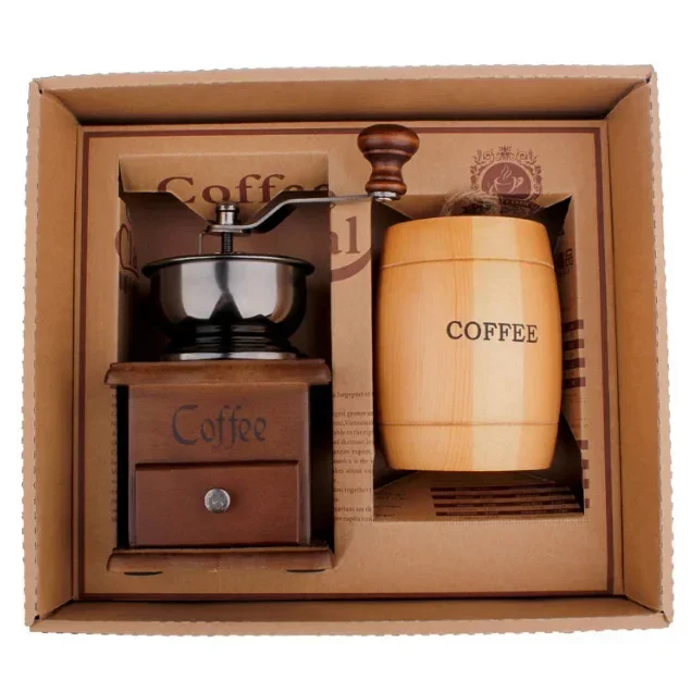 New Design Coffee Bean Bucket Creative Wooden Coffee Mill Coffee Maker Tools Box Set,Vintage Style Manual Coffee Grinder