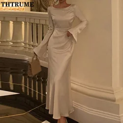 Elegant Women Satin Dress Fashion Autumn Round Neck Flare Long Sleeve Lace Up Bow Maxi Dresses Evening Party Club Vestidos Robe