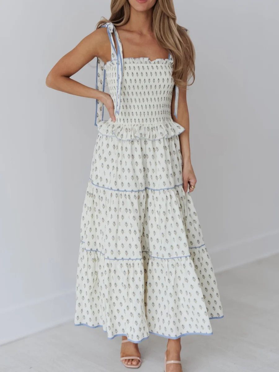 Abito lungo floreale Bohemain da donna Collo quadrato Papillon Spalla Abito fluido Abito estivo da spiaggia estivo a strati con volant smock