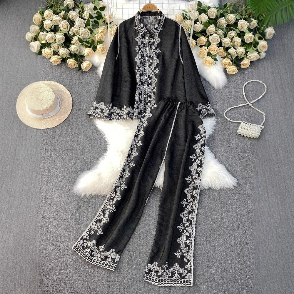 Fashion Suit for Women Europe America Heavy Embroidery Versatile Long Sleeved Shirt Two-piece Set High Waist Loose Casual Pants