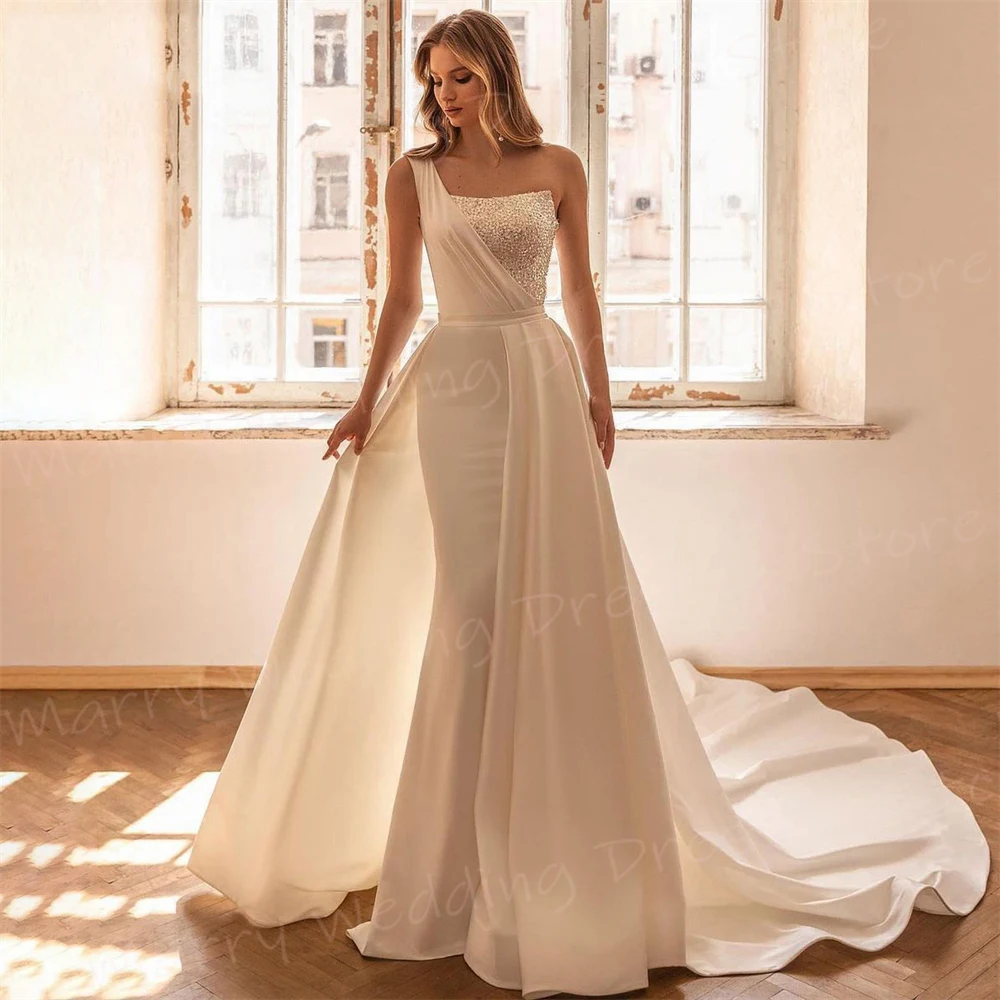 Simple Mermaid Fashionable Women's Wedding Dresses Graceful Shiny One Shoulder Bride Gowns Sleeveless Pleated Robe Mariage Femme