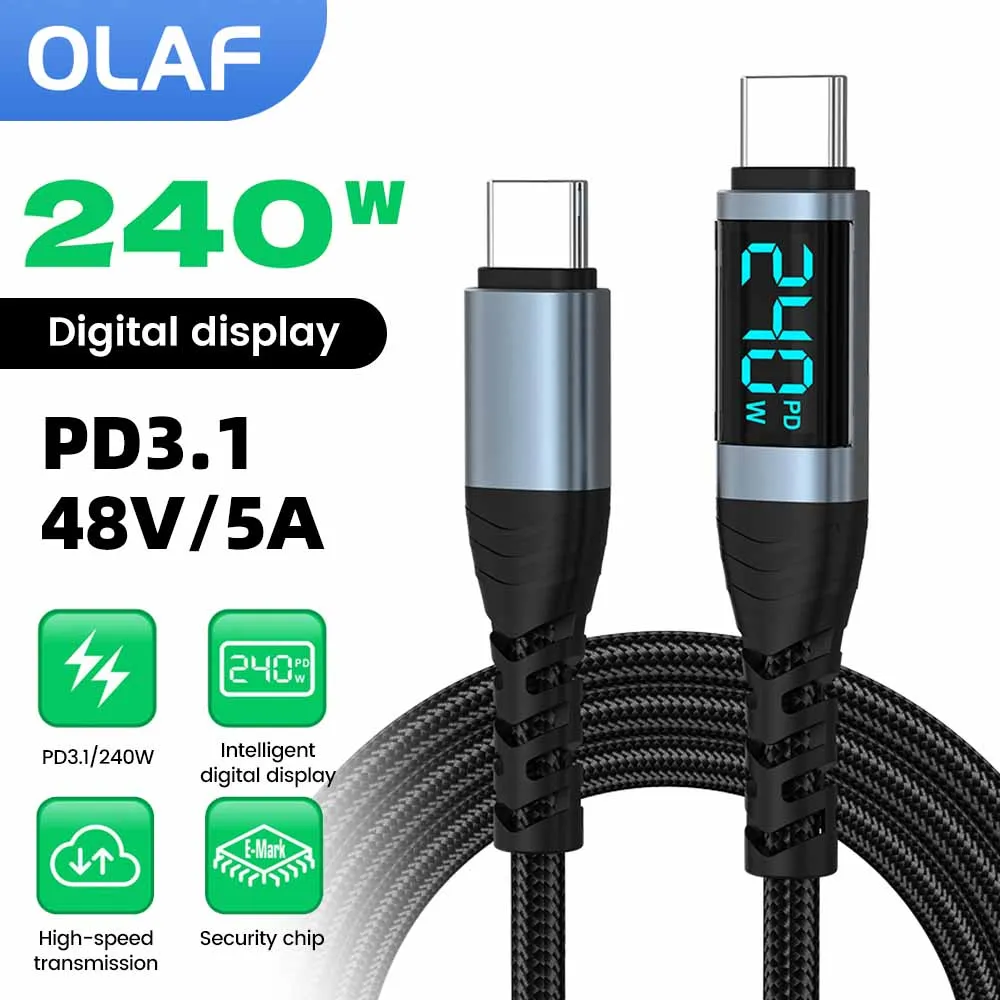 

240W Type C to Type C Fast Charging Cable With Digital Display 0.5m-2m PD 3.1 USB C Data Cable For iPhone 15 16 Samsung Xiaomi