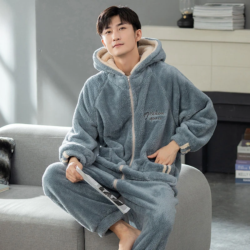 Pijama de uma peça de inverno masculino veludo macio mais veludo engrossado homewear masculino pode ser usado fora de novos pijamas