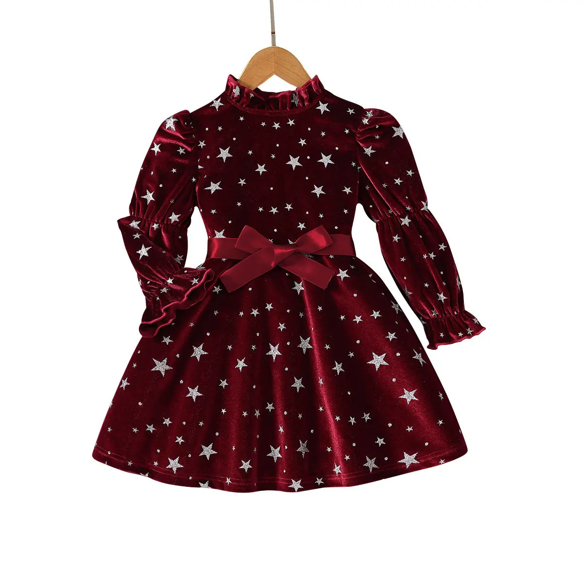 Girl's Korean Velvet Star Print Ruffle Round Neck Long Sleeved Waist Tied Dress Dress Dress with Waist Belt