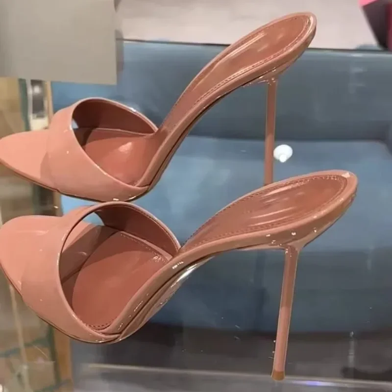 2025Summer new patent leather shallow open heel high heels, sexy and fashionable slim heels, pointed toe sandals for women