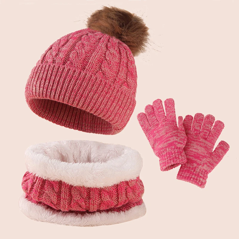 Beanies Baby Hat Pompom Winter Children Hat Knitted Cute Cap Scarf Gloves Suit For Girl Boy Casual Solid Color Hat Baby Beanies