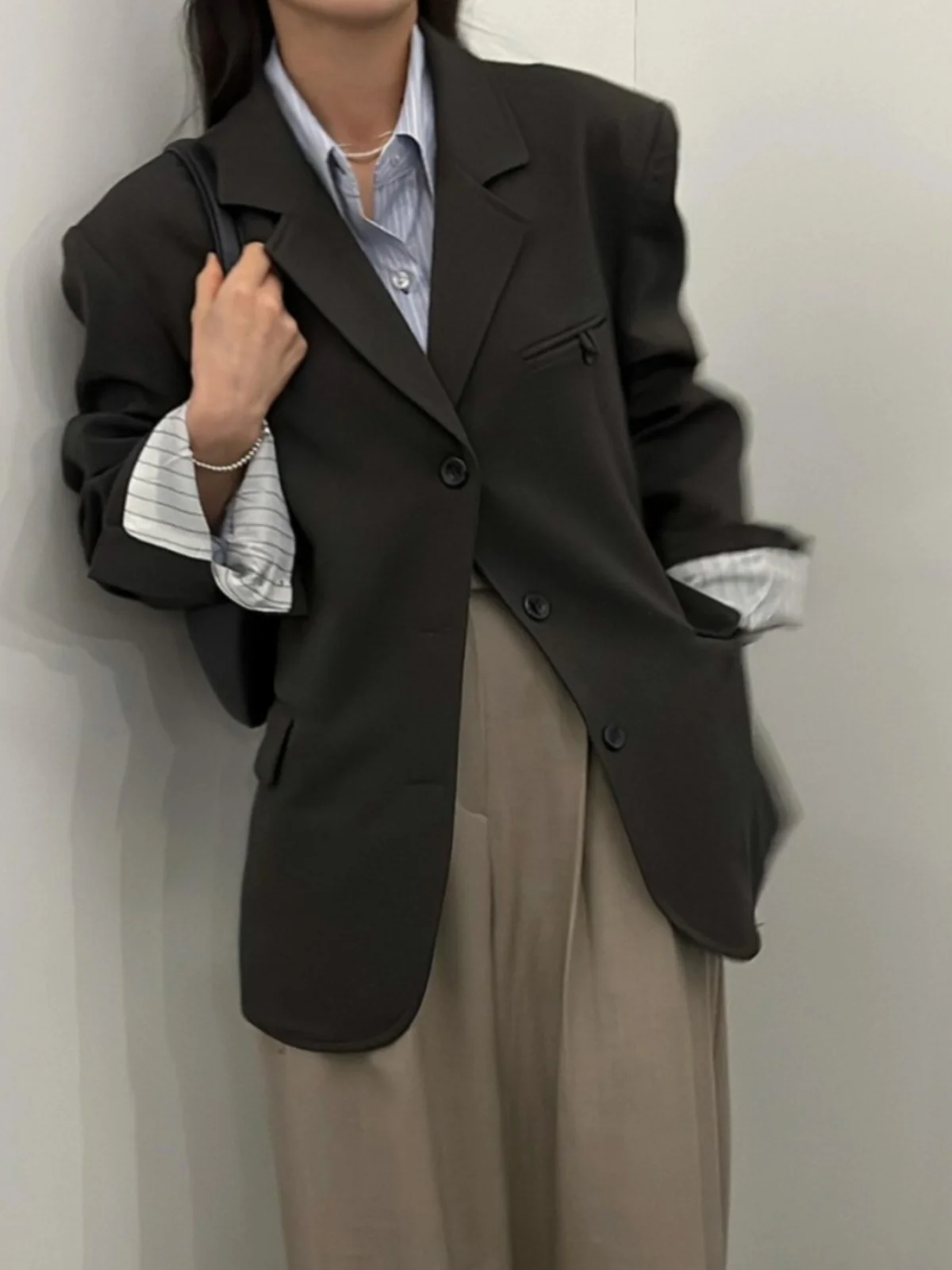 Women's Loose Fit Suit Jaet Early Autumn Faionable Vintage Sle Long Sve Button up Pure Color Outerwear Top