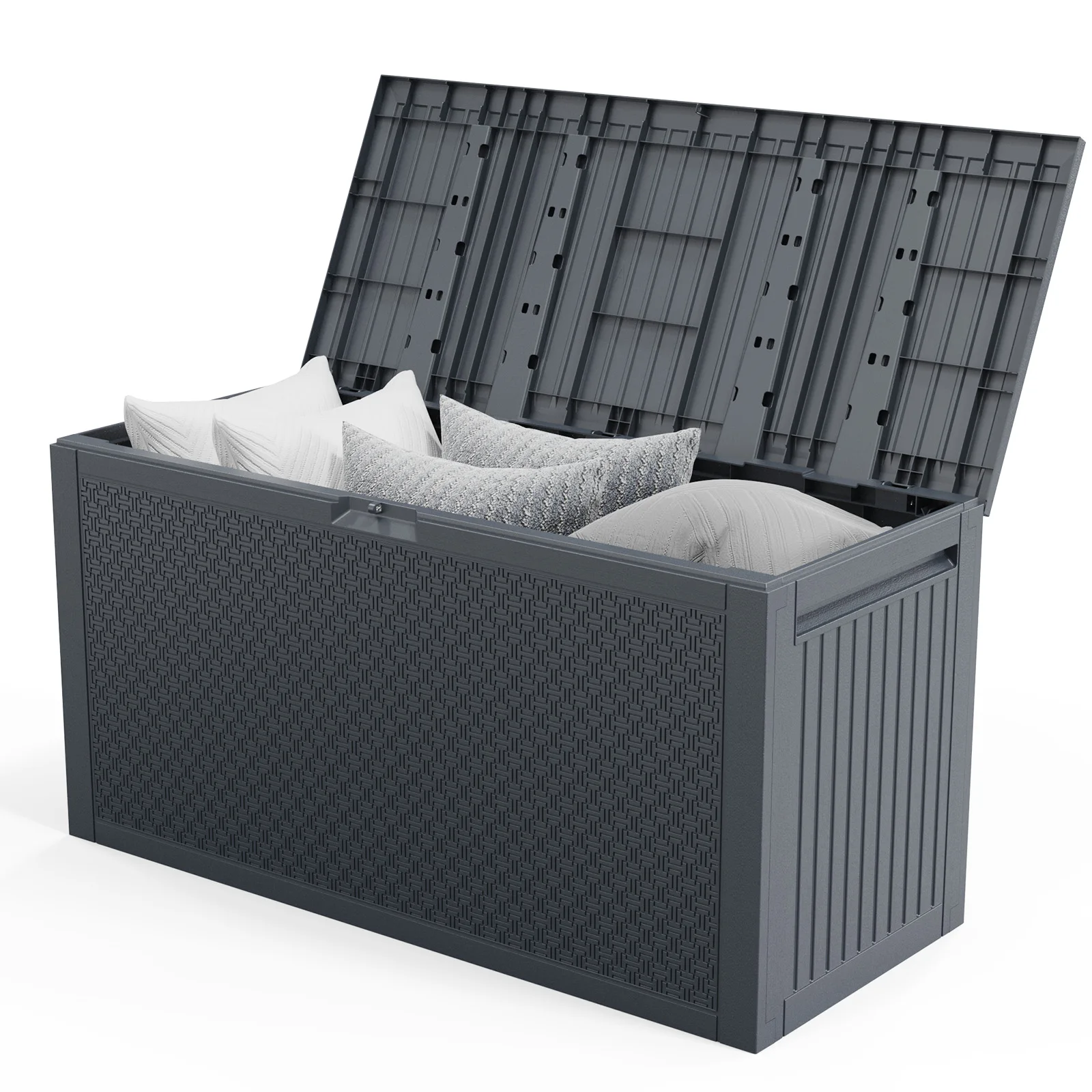 90 Gallon Outdoor Storage Deck Box Lockable Weatherproof Plastic Garden Storage Chest Grey Rattan Wicker Pattern Patio Cushion Pool Tools Storage Bench
