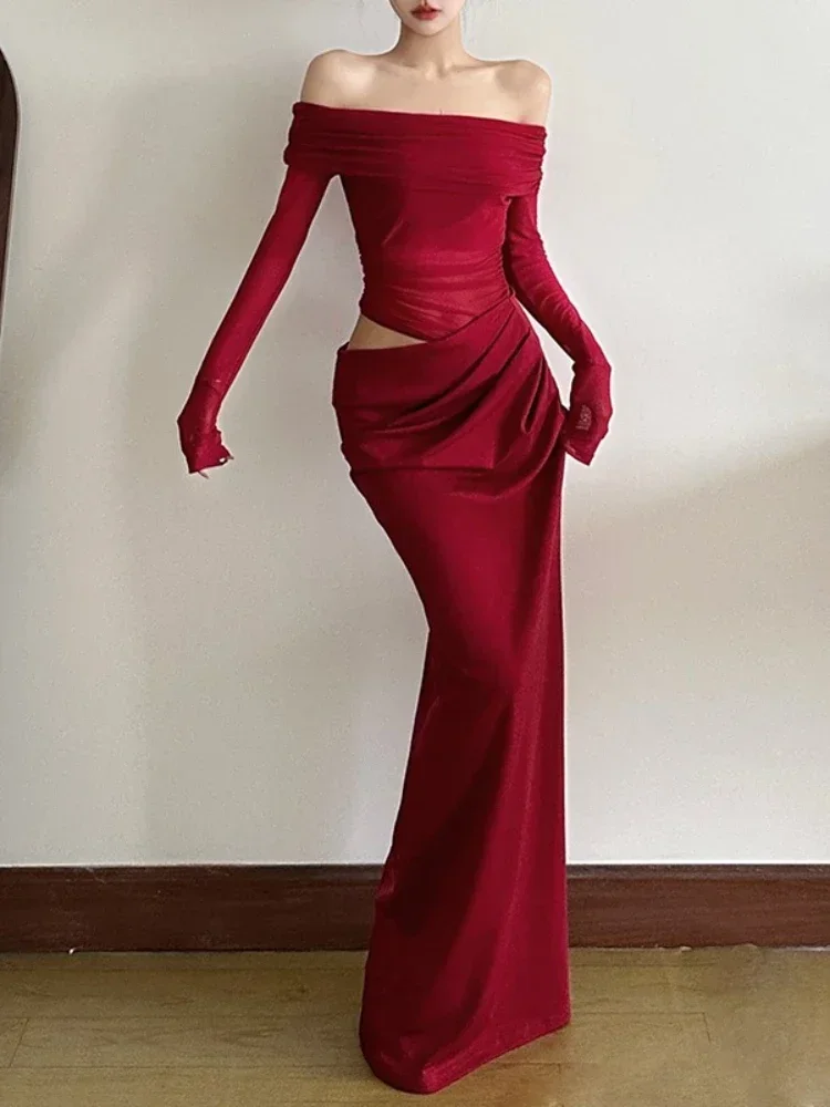 

Women's Beach Party Elegant Evening Dress Summer Solid Color Patchwork Dress Sexy Lace Backless Slim Long Sleeve Maxi DressesLIB