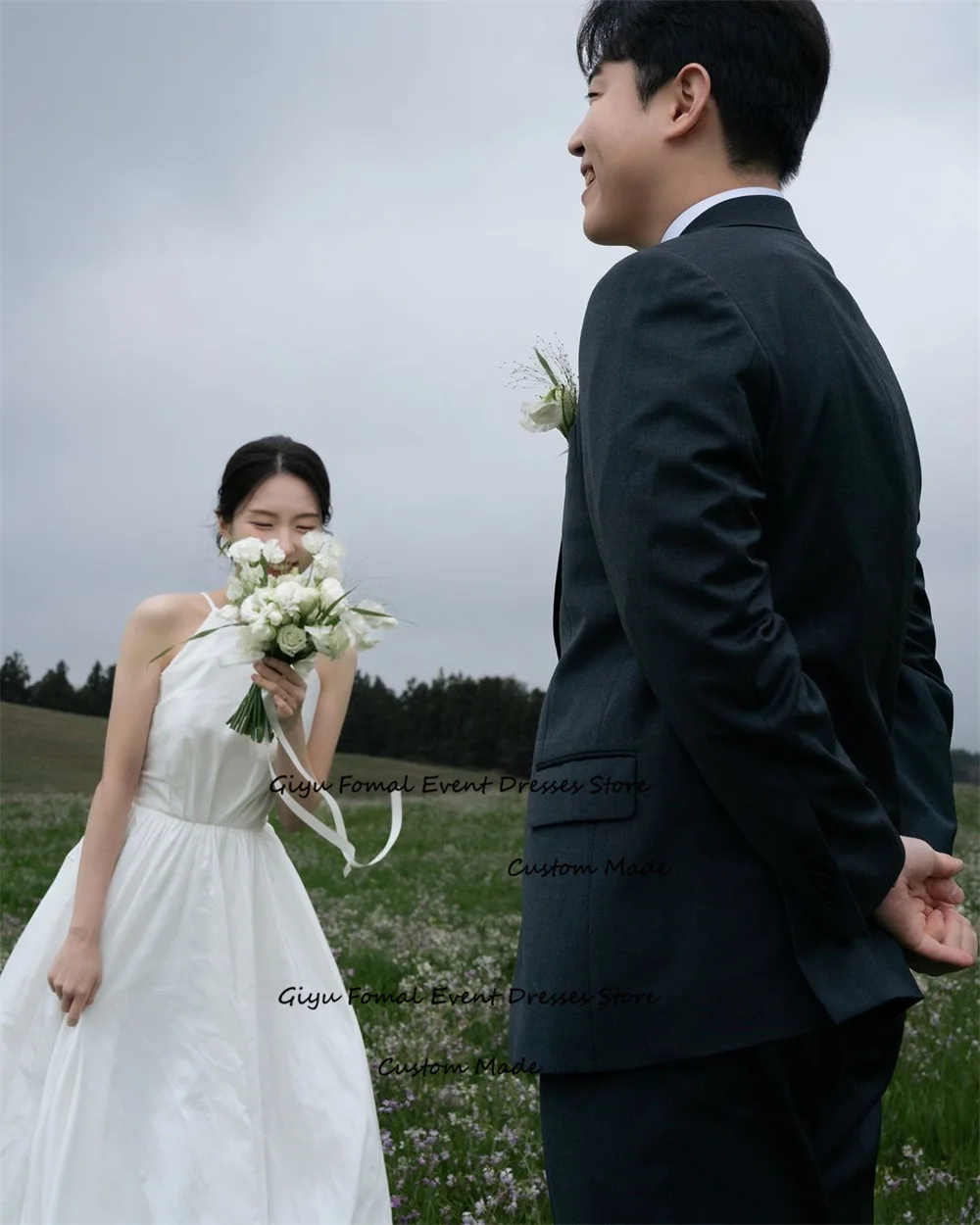 Giyu Simple A-line Korea Wedding Dress Photoshoot Halter Floor-length Taffeta 웨딩드레스 Vestidos Novias Boda Bridal Gown