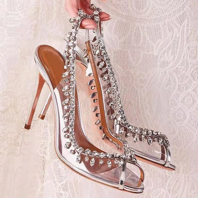 Nuevas Sandalias de tacón alto de verano para mujer, Boca de pescado transparente con cadena de diamantes de imitación, tacones de aguja, zapatos