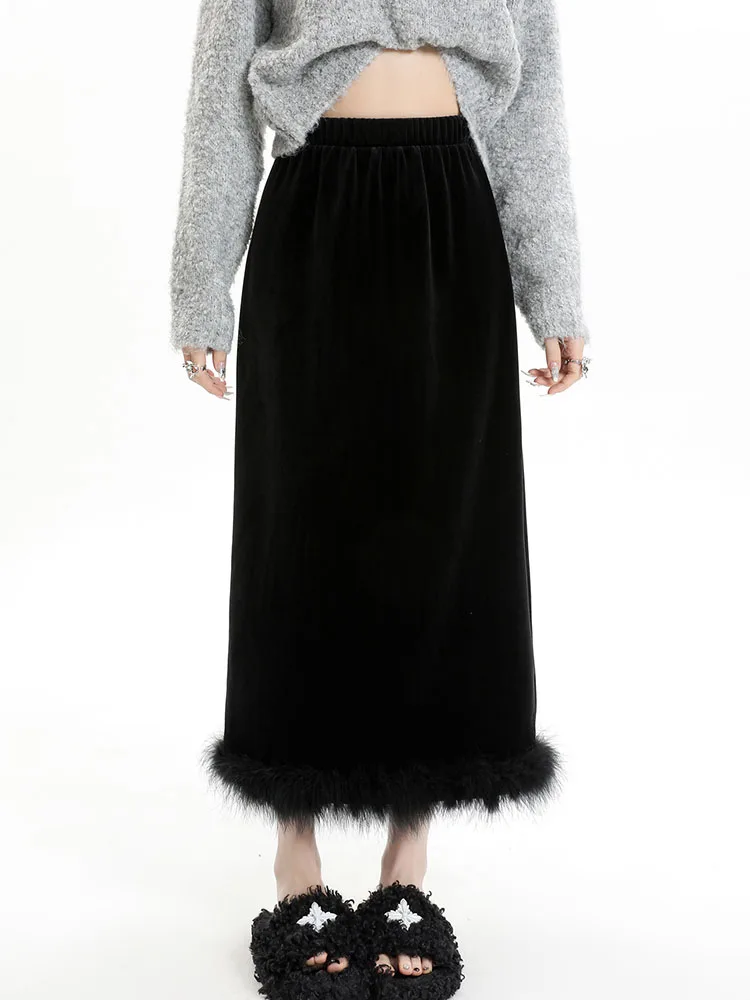 

Black Long Skirt Women Korean Fashion Feathers Patchwork Velvet Skirts Female Autumn Winter Elegant Split High Waist Slim Skirts