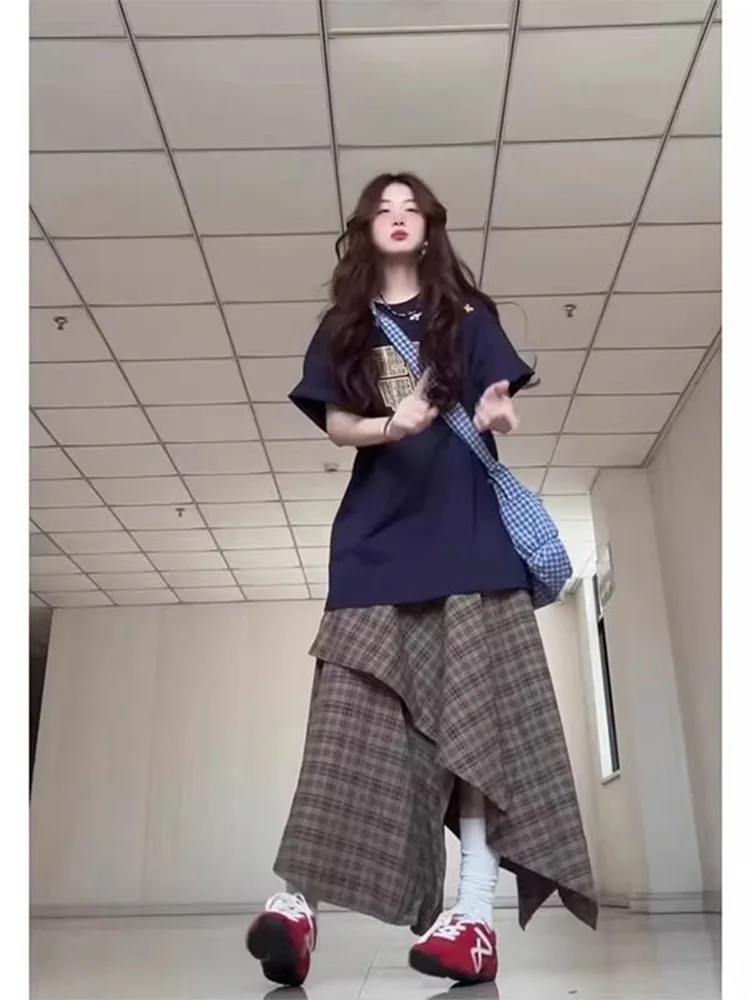 

Асимметричная клетчатая юбка с высокой талией в стиле ретро кофейного цвета, женская летняя юбка в Корейском стиле для девочек, повседневная универсальная утягивающая юбка...
