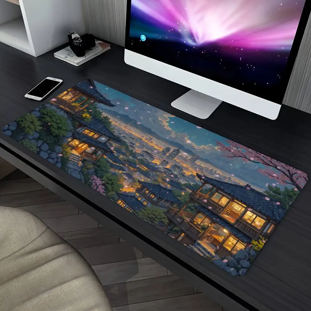 Large Gaming Mouse Pad Anime Night City Sakura Desk Mat Non-slip Rubber Extended Keyboard Pad