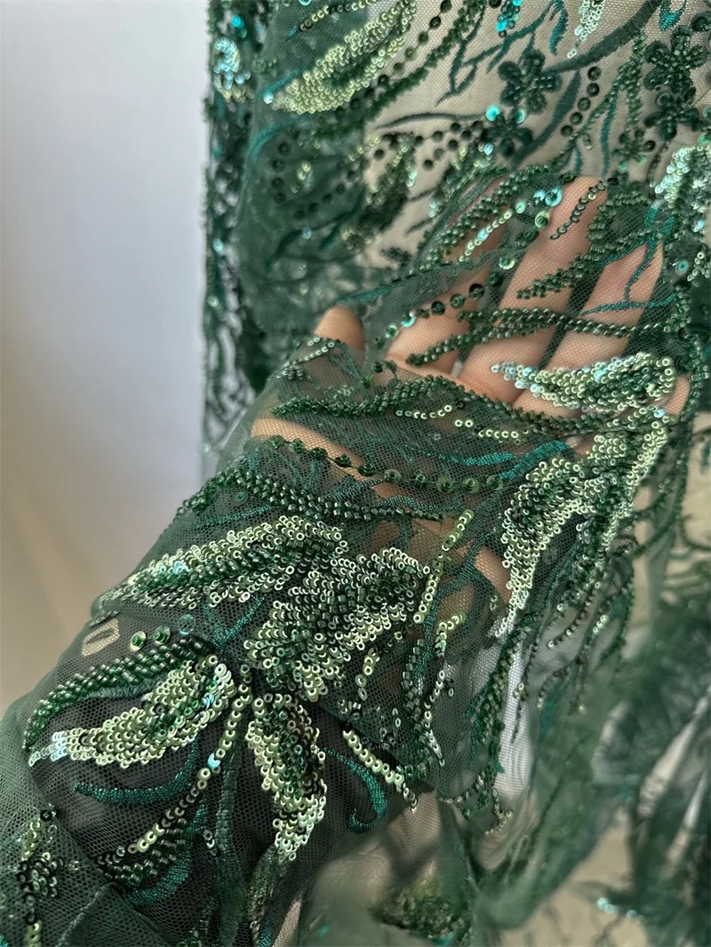 1 Yard Large Leaf Embroidery Bead Lace, Sequined petals lace fabric in Dark green Mesh fabric For Formal Dress Evening Dress