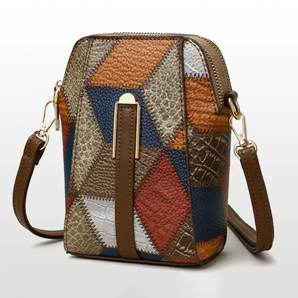 Travel Shoulder Bag Geometric Patchwork Colorblock Women's Shoulder Bag Vintage Style Double Layers Detachable Strap for Commute