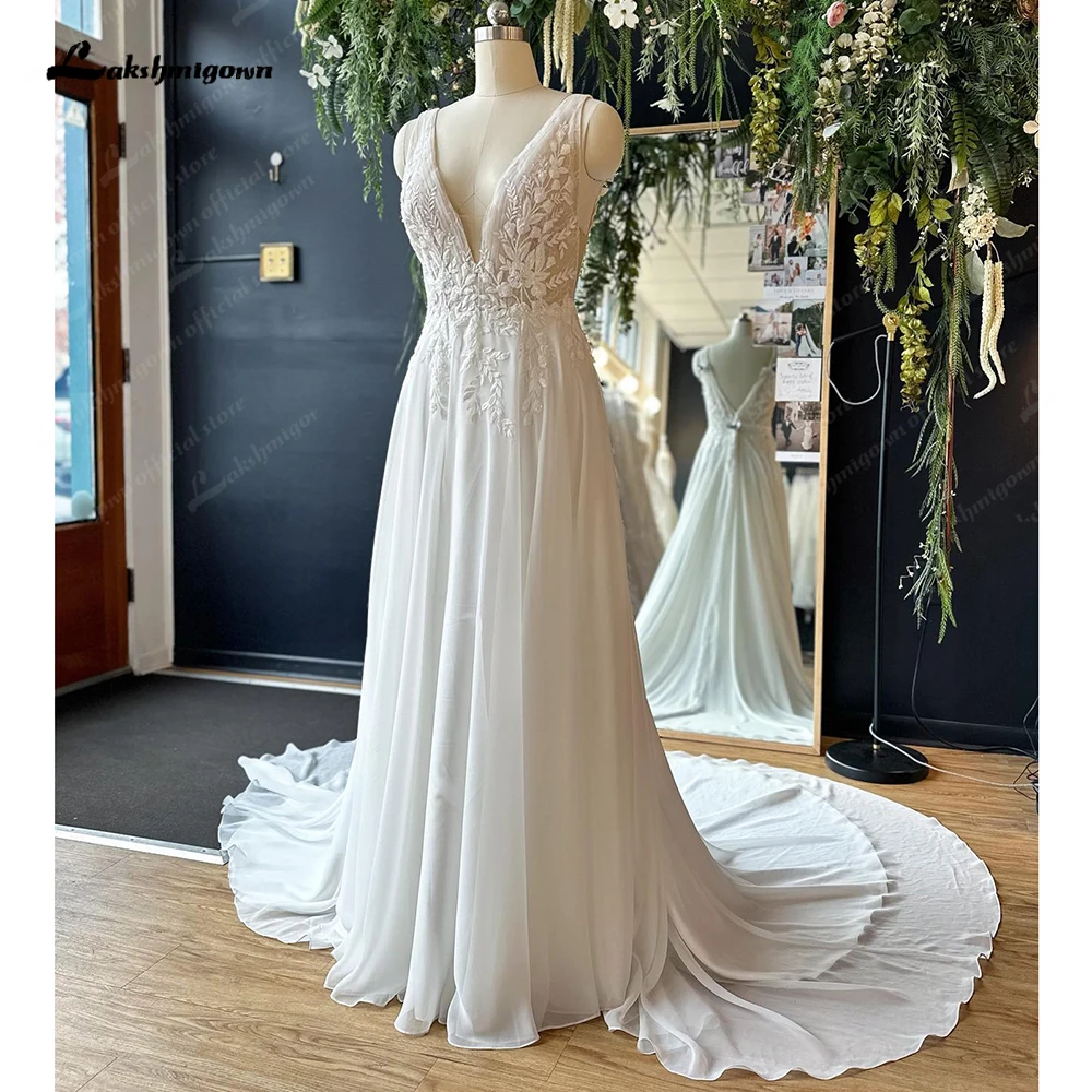 

Lakshmigown Sexy Women A Line Chiffon Beach Wedding Dresses Backless 2024 Bestidos V Neck Boho Bridal Gowns Vestidos de Nova