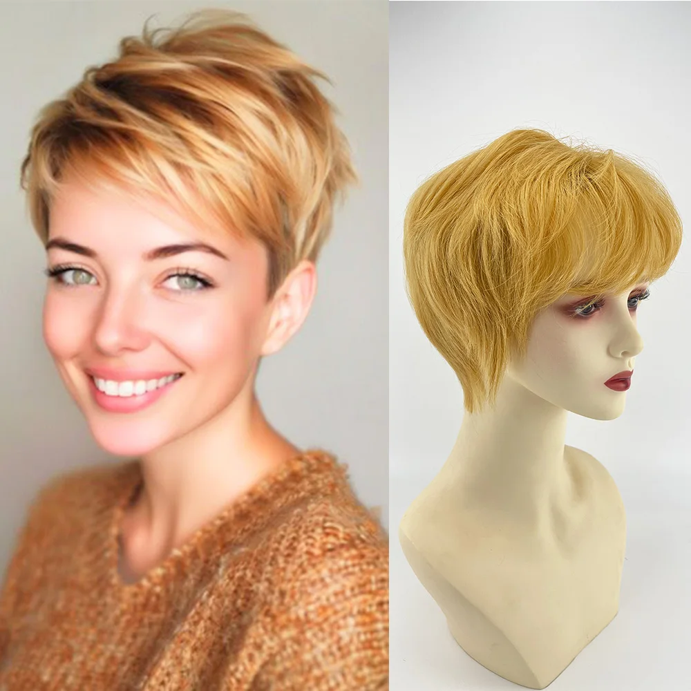 Human Hair Wig Short Pixie Cut #27 Honey Blonde Silk Base Crown Natural Wave Thin Swiss Lace Breathable for Women Summer