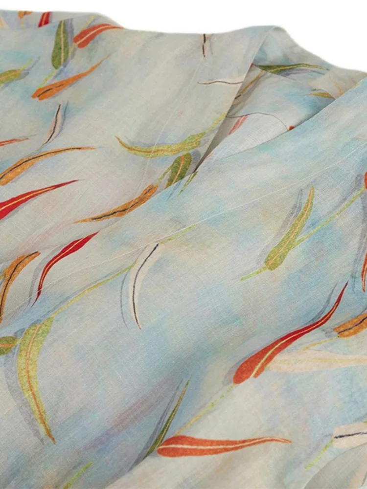 Ele ort Sve 花柄プリント リネン袍 レディース Aラインスカート ロング丈 快適 ゆったり ウエスト通勤 スタイル