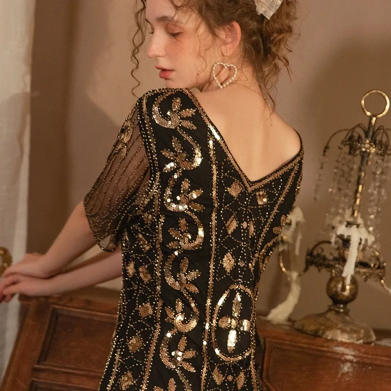레트로 우아함 빈티지 럭셔리 성인 여성 불규칙한 스커트 스팽글 수 놓은 슬림 맞는 이브닝 가운 패션과 섹시한 여름 댄스