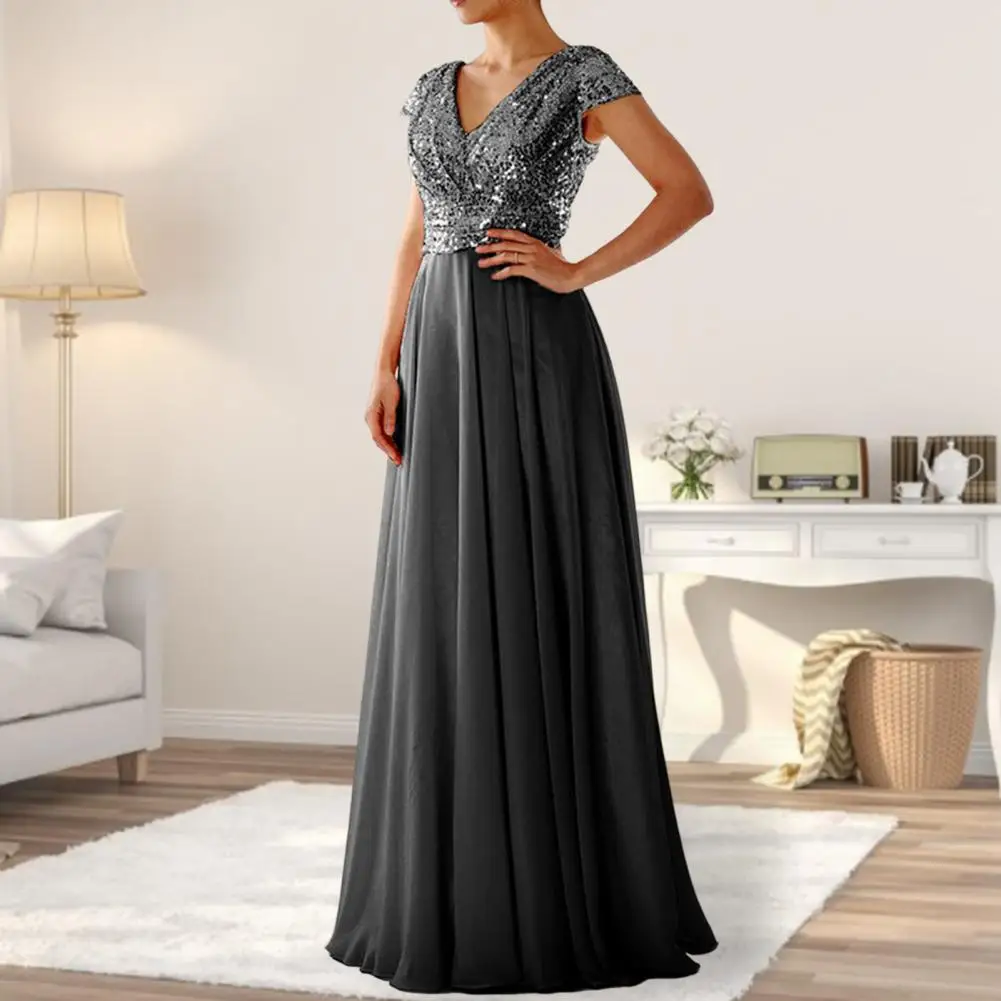 

Stylish Soft Luxury Shiny Sequins Chiffon Splicing Bridesmaid Dress Short Sleeve A-Line Evening Dress Female Clothing