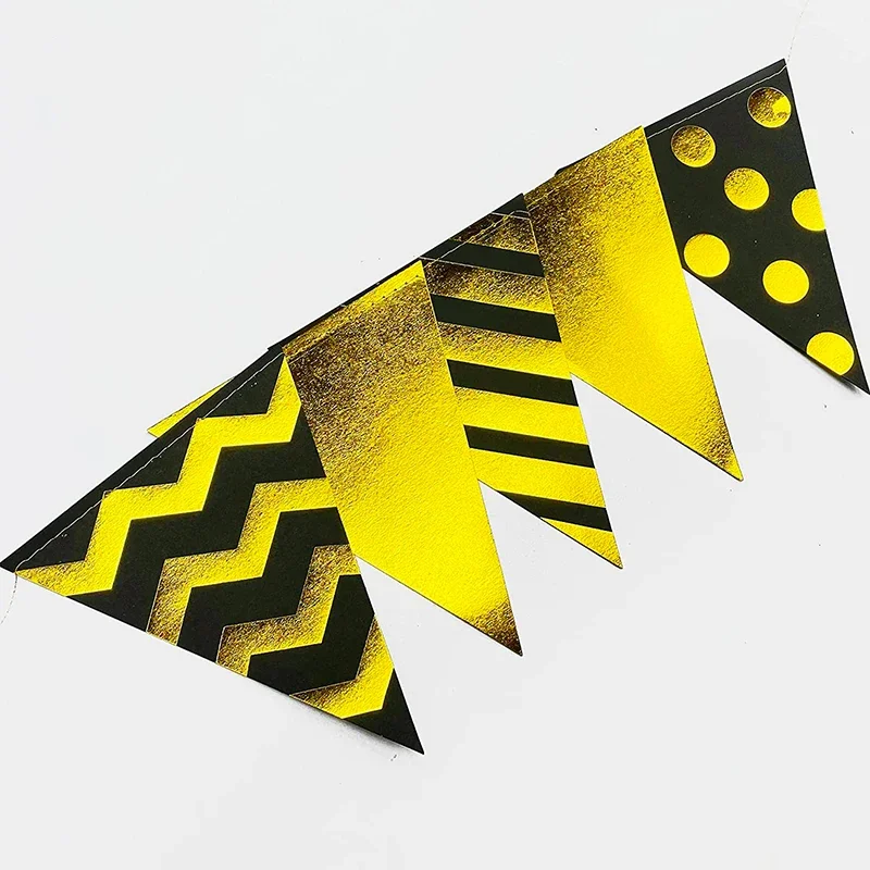 Black Gold Triangle Pennant Banner Foil Polka Dot Stripe Paper Flags Bunting Garland for Birthday Hen Party Streamer Decorations