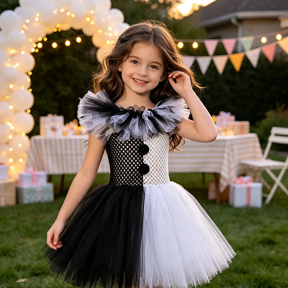 Mädchen Halloween Clown Kostüm Kleid Kinder Schwarz Weiß Gruseliger Clown Kleid mit Hut Socken Handschuhen Set Karneval Cosplay Party Outfit – Detail 14