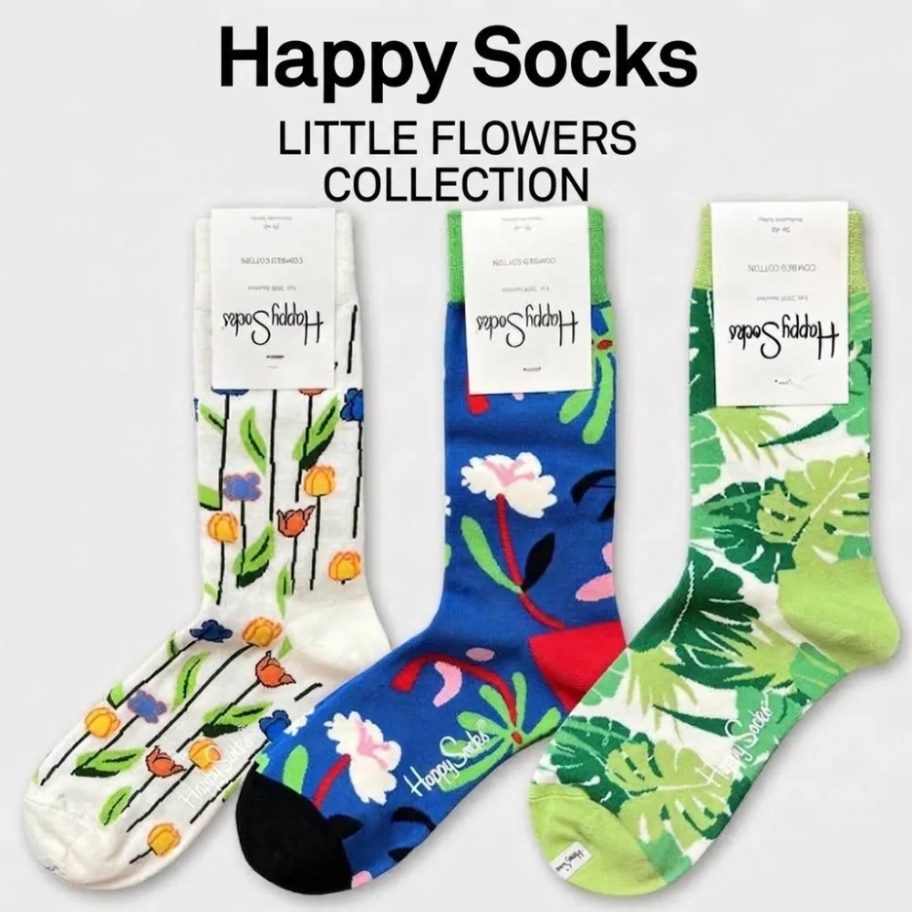 Happy Socks 3 Pairs Women Cotton Crew Socks Floral Flower Printed Sweet Cute Ins Style Unisex Breathable Casual Mid-Calf Socks