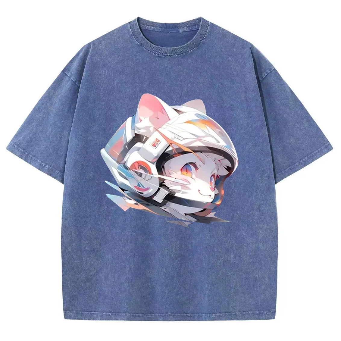 2024 Summer New Women's Short Sleeve Oversized Cute Cat Print Wash Denim Unisex T-Shirt Casual Retro Wear Cool