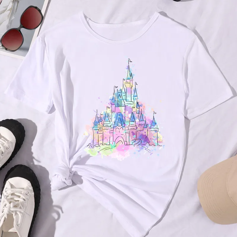 Disney Micky Mouse Ear Dreamy Watercolor Castle Print Women T Shirt Summer Short Sleeve Casual Streetwear Tops Female Clothing