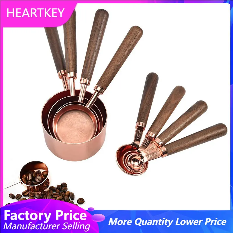 

Walnut Wooden Handle Stainless Steel Measuring Cups Spoons Set Kitchen Baking scale Measuring Tools Set Measuring Scoop