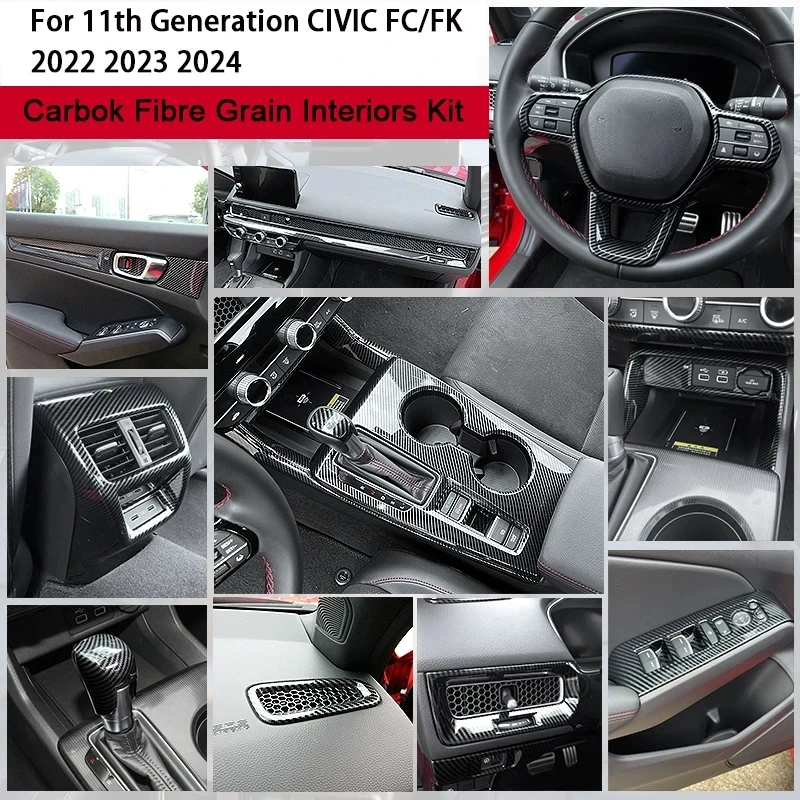 

Для Honda 11th CIVIC FK/FC LHD RHD 2022 2023 2024, модель карбоновой накладки на приборную панель, дверь, рулевое колесо, переключение передач