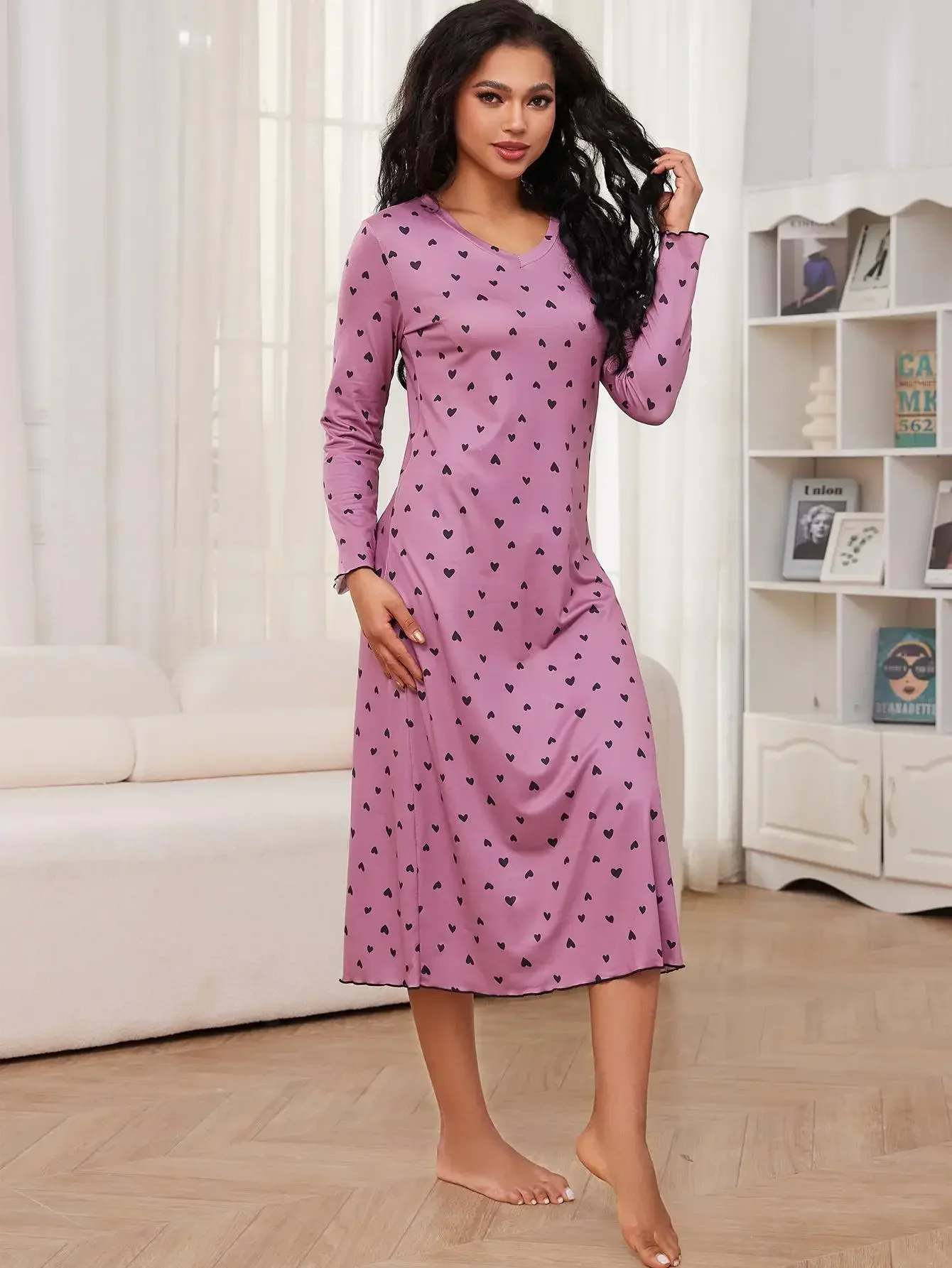 Heart Print Lettuce Trim Women Nightgown V Neck Long Sleeves Pajama Dress Sleepwear Spring Female Nightwear Homwear Clothing