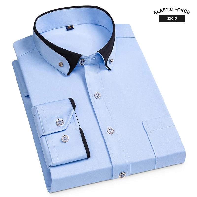 New Fashion Spring Elastic Non-iron Long-sleeved Shirt Men's Youth Crystal Button Patchwork Collar Not Cotton Business Shirt Men