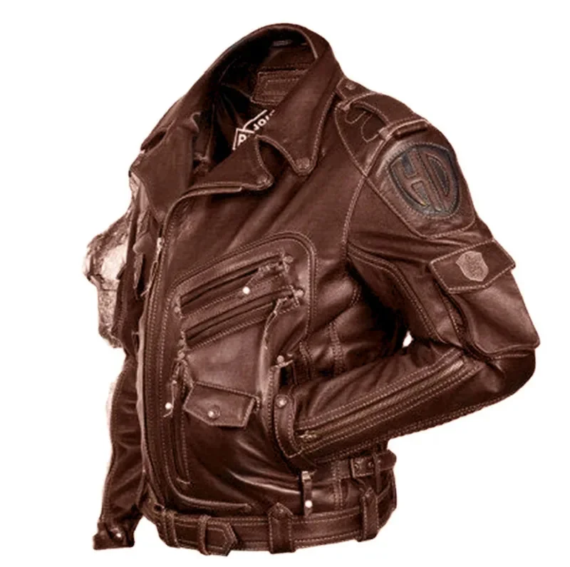 Motorcycle Leather Jacket Men America Retro Leather Button Multi Pocket Multi Pocket Personal Leather Coat Cardigan Jacket Top
