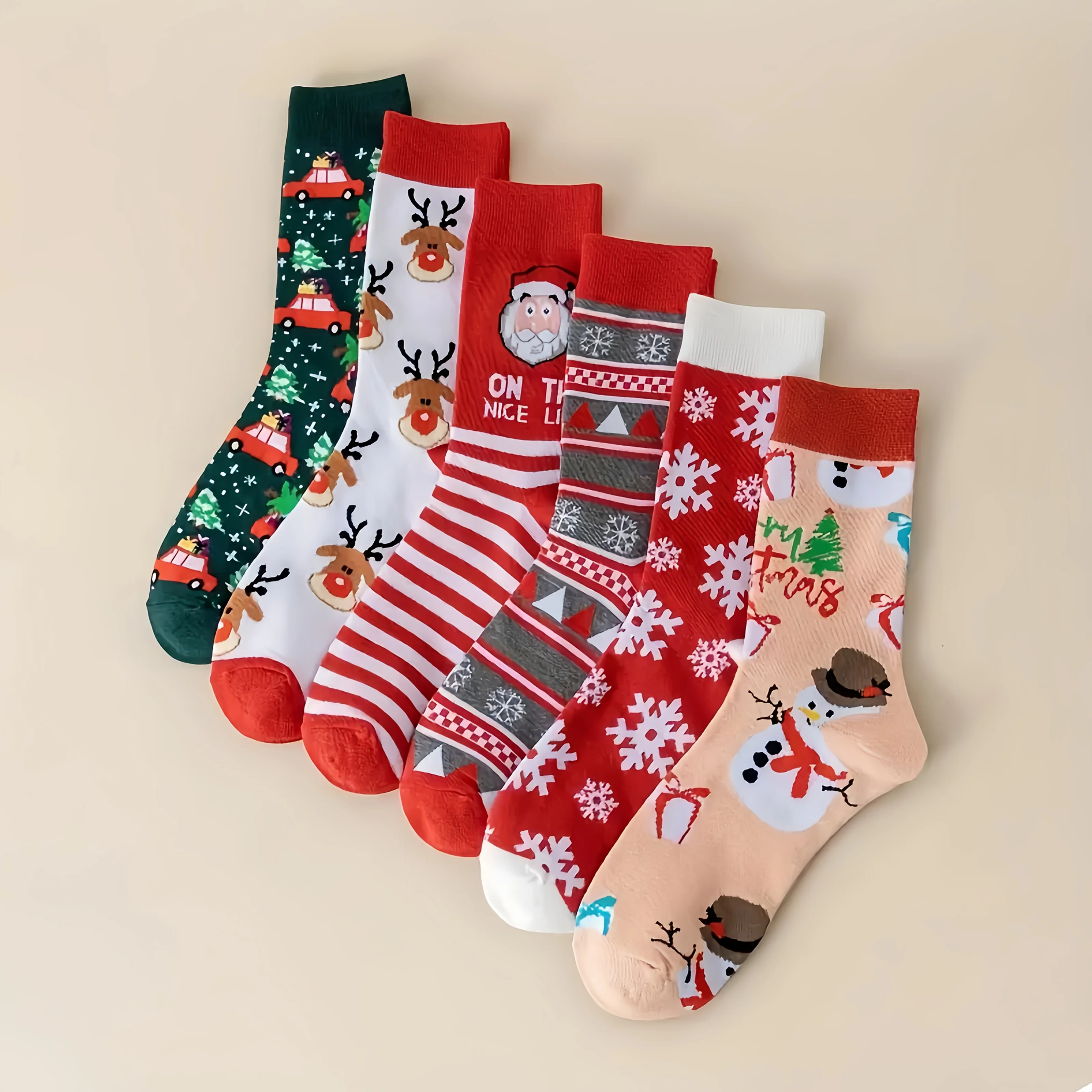 10Pairs Random Color Christmas Crew Socks, Cartoon Santa Claus Pattern Fashion Casual Unisex Mid‑Calf Socks for Men Women Holida