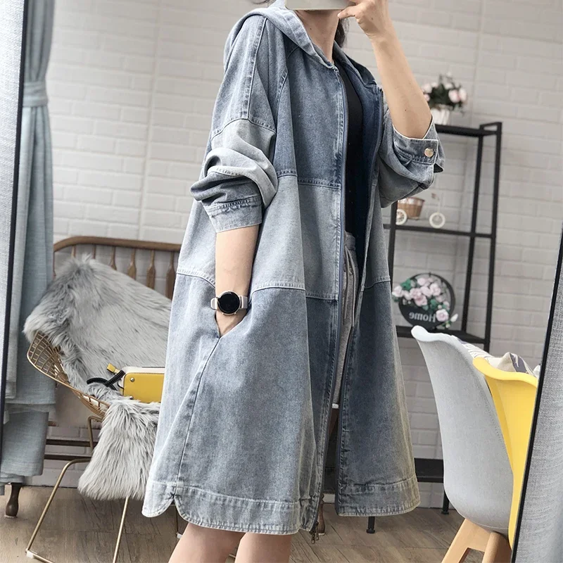 

SuperAen Spring and Autumn New Middle-length Loose Slim Bf Fashion Denim Hooded Coat Women