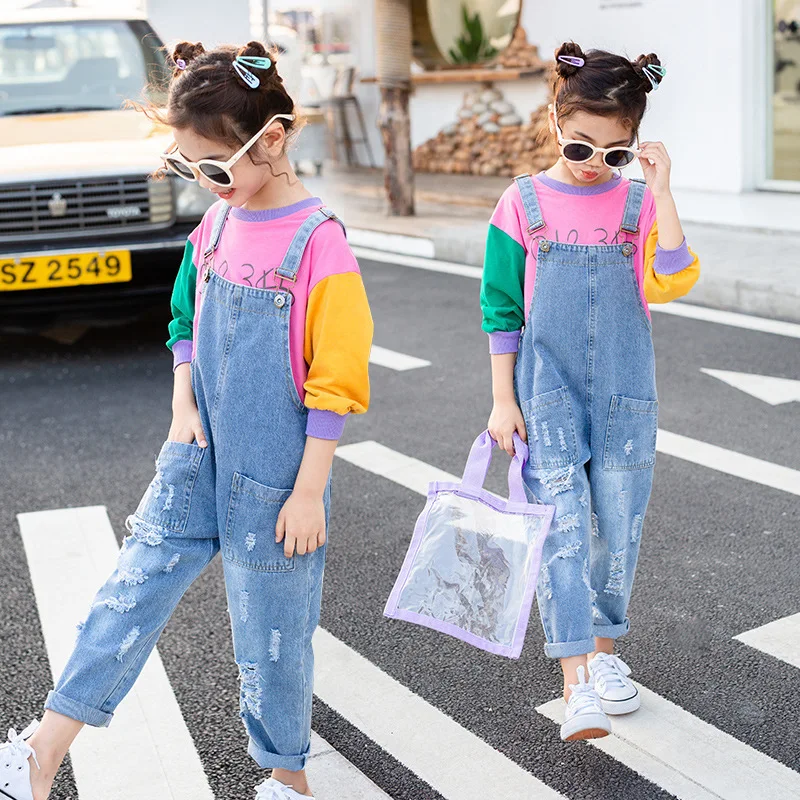 Girls Jumpsuit Denim Overalls for Kids Blue Adjustable Belts School Girls Suspenders Children Jeans Pants for Girl Denim Romper