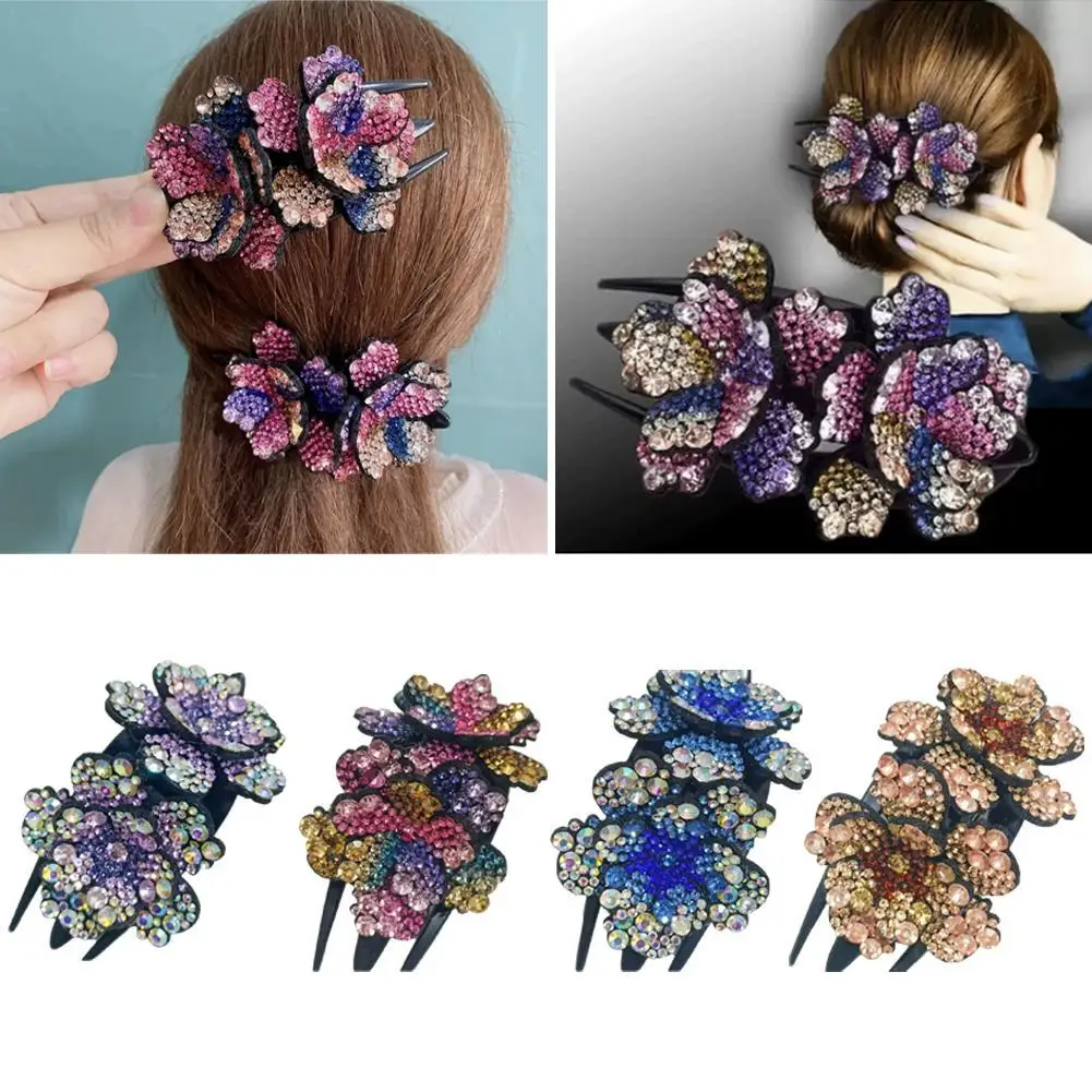

New Large Pan Head Back Head Double Flower Duck Beak Clip With Diamond Temperament Headwear Hair Accessories