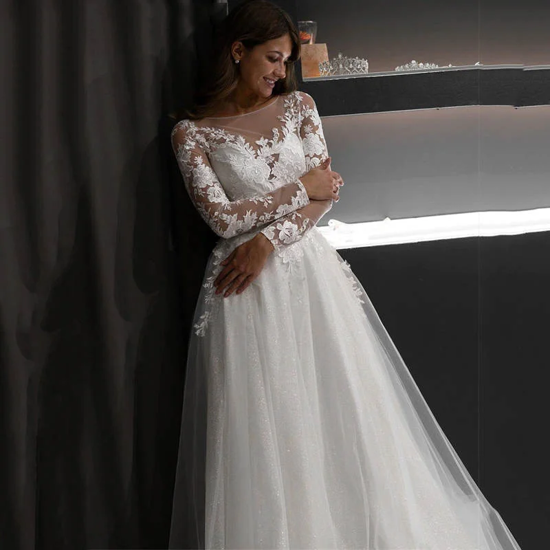 Eleganti Appliques di pizzo a maniche lunghe abiti da sposa scollo tondo a-line abiti da sera treno a terra Bling vestidos de fiesta