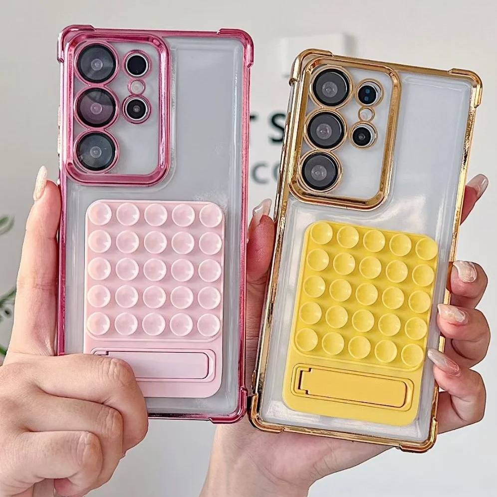 

Soft Silicone Suction Cup Holder Case For Samsung Galaxy S26 Ultra Plating Clear Cover For Samsung S25 Ultra S24 S23Ultra Shell