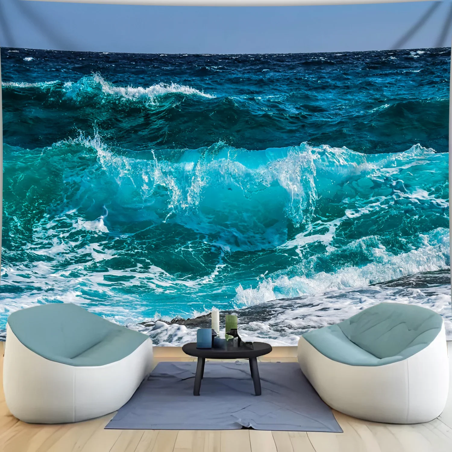 Dramatic Blue Ocean Wave Tapestry Wall Hanging Curtains Polyester Tropical Sea Marine Art Home Decor Realistic Backdrop for Livi