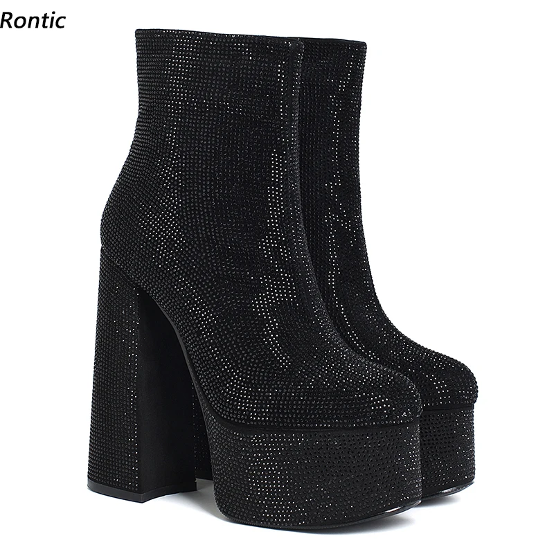 Rontic New Women Winter Platform Ankle Boots Nice Rhinestone Chunky Heels Round Toe Pretty Grey Black Dress Shoes US Size 4-9.5