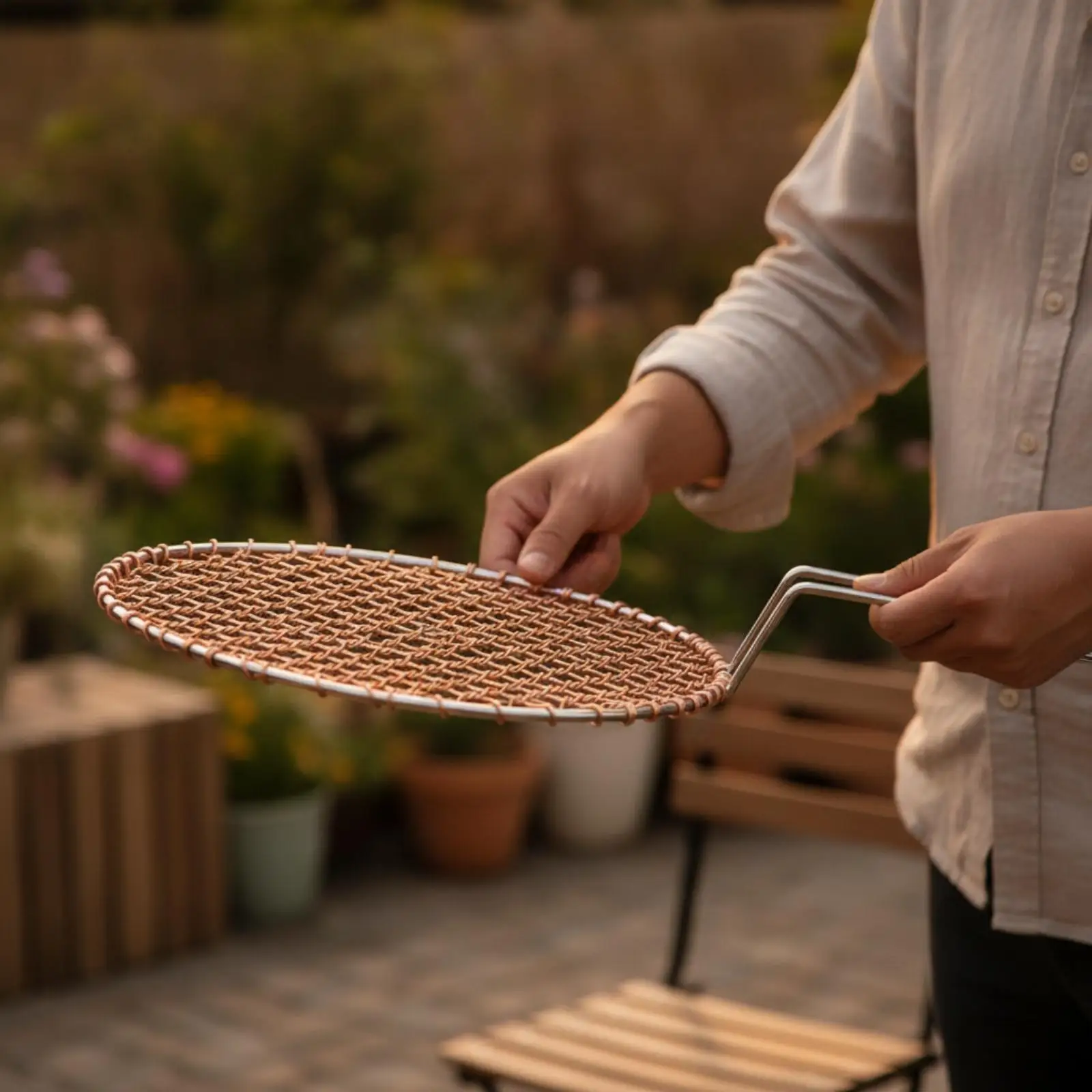Portable Copper Mesh Round Grill Screen for Charcoal Barbecue Stove with Handle Outdoor Camping Cooking Tool - view 4