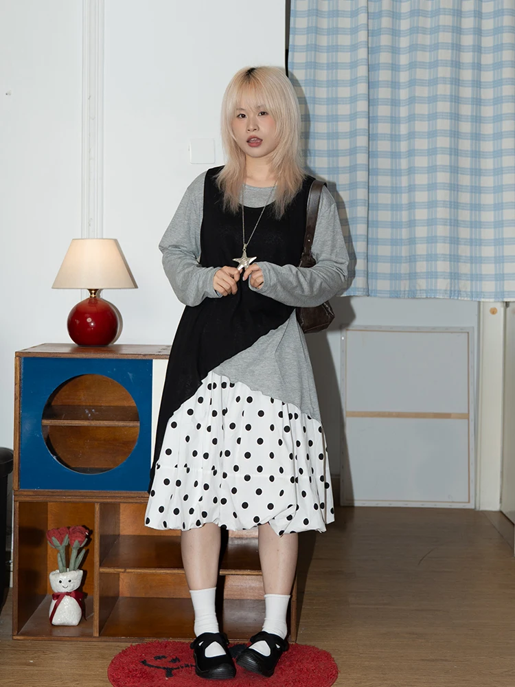 

True Two-Piece Long Sleeve T-Shirt Casual Loose Fit round Neck Pure Color Versatile Crew Neck Japanese Retro Style Cotton Top